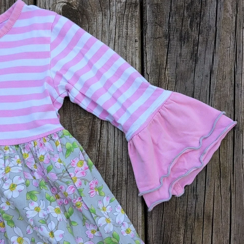 Three Sisters 18 Months Bell Sleeve Ruffle Skirt Dress Floral Pink White Stripes